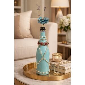 Bejeweled Glass Wine Bottle Vase Genie Shabby Chic Vintage Style Pop Art Mermaid